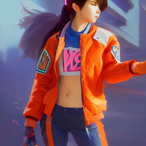 Image similar to waking dream, d. va from overwatch wearing orange ektachrome bomber jacket, craig mullins style