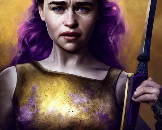 Image similar to Emilia Clarke in heroic pose with weapon, cinematic, 4k, hyper realistic, super detailed, colorful accents, purple hair, golden ratio, symmetrical face, highly detailed professional photo, centered, rim lights, vray caustics, hyper realistic, by artgerm and Craig Mullins, James Jean, Andrey Ryabovichev, Mark Simonetti and Peter Morbacher 16k