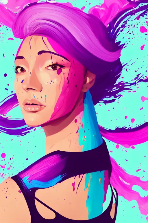 Image similar to a award winning half body portrait of a beautiful woman in a croptop and cargo pants with ombre purple pink teal hairstyle with head in motion and hair flying by wlop, paint splashes, splatter, outrun, vaporware, shaded flat illustration, digital art, trending on artstation, highly detailed, fine detail, intricate