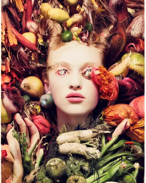 Image similar to a bountiful springtime harvest, a conceptual surrealist punk hairstyle for girls, by steven meisel, sigma 35mm f/8