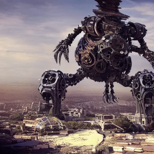 Prompt: a collosal mechanical creature towering over a ruined city , cinematic