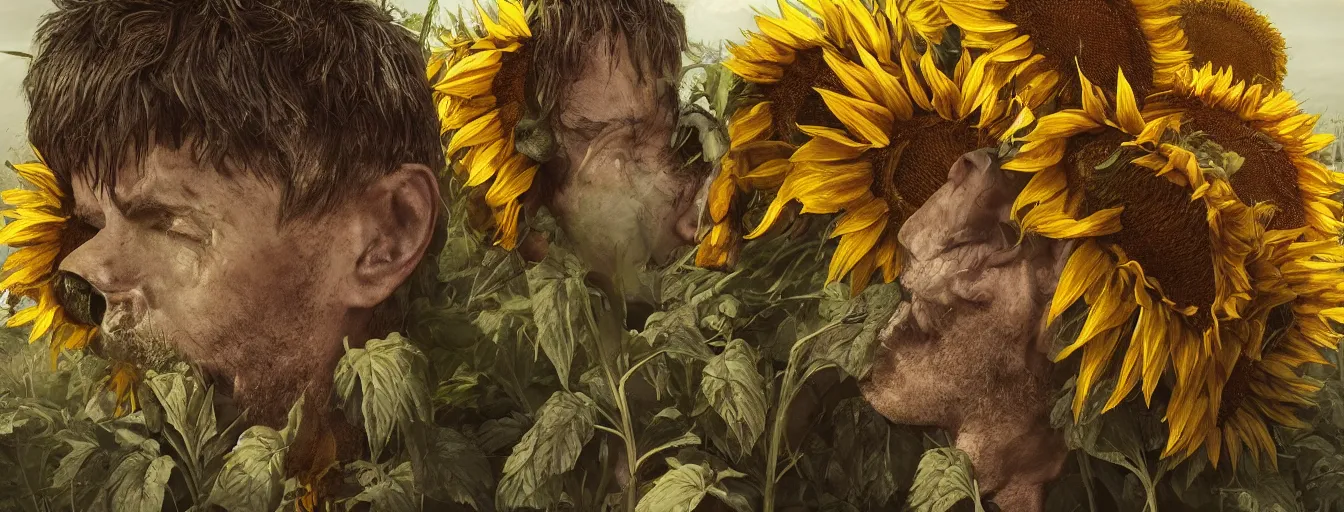 Prompt: old soldiers head being overgrown by sunflowers, broken tank and Krimea in background, dark, eerie, despair, portrait photography, artstation, digital art, adward winning, concept art, artstation, highly detailed, sharp focus, by caravaggio