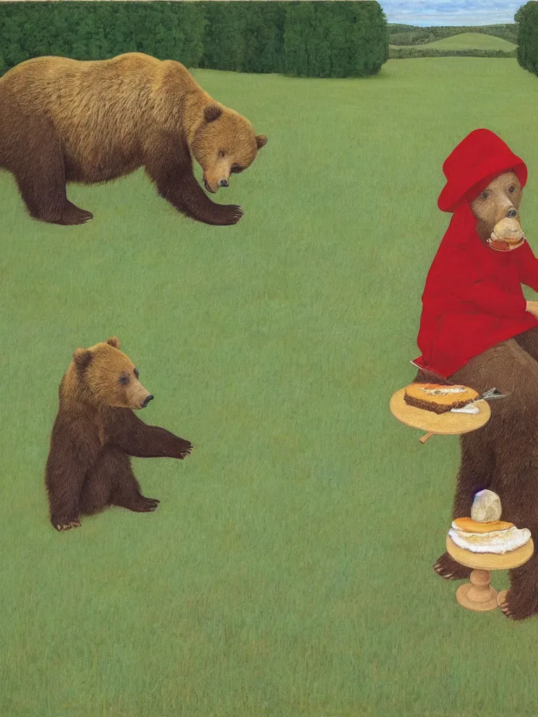 Prompt: A grizzly bear wearing a bright red hat sitting upright while eating a slice of cake outside in a lush green field, pastel colors, long shadows. Painting by Alex Colville, Piero della Francesca