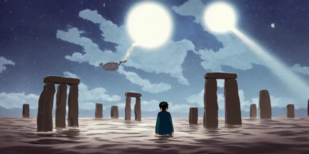 Image similar to a cell - shaded studio ghibli concept art of a giant silver hovering ufo shining a spotlight on a middle eastern merchant in a flooded stonehenge desert on a misty starry night. very dull colors, asymmetrical, hd, 4 k, hq