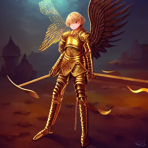 Prompt: An illustrationof a portrait of a young Knights of Zodiac girl, wings, golden & copper armor, fighting at ancinet Agora of Athens, ruins, Golden Light, illustration, art by WLOP, N I X E U and artgerm, volumetric light, lightrays, smoke, cinematic, intricate, hypermaximalist, super detailed