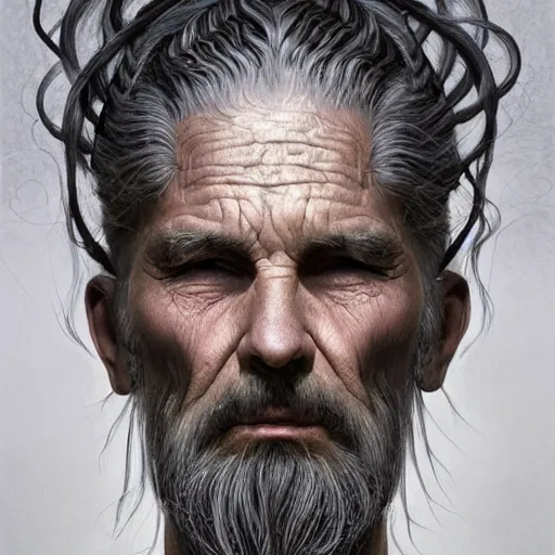 Prompt: Old man with braided blue hair, twisted braid, gorgeous, amazing, elegant, intricate, highly detailed, digital painting, artstation, concept art, sharp focus, illustration, art by Zdzislaw Beksinski