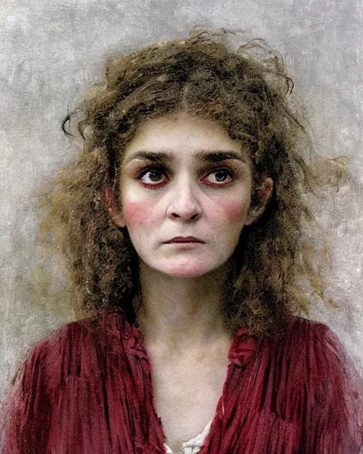 Image similar to a beautiful but sinister girl who looks like shirley henderson in layers of fear, with haunted eyes and curly hair, 1 9 7 0 s, seventies, delicate embellishments, a little blood, crimson, painterly, offset printing technique, by jules bastien - lepage
