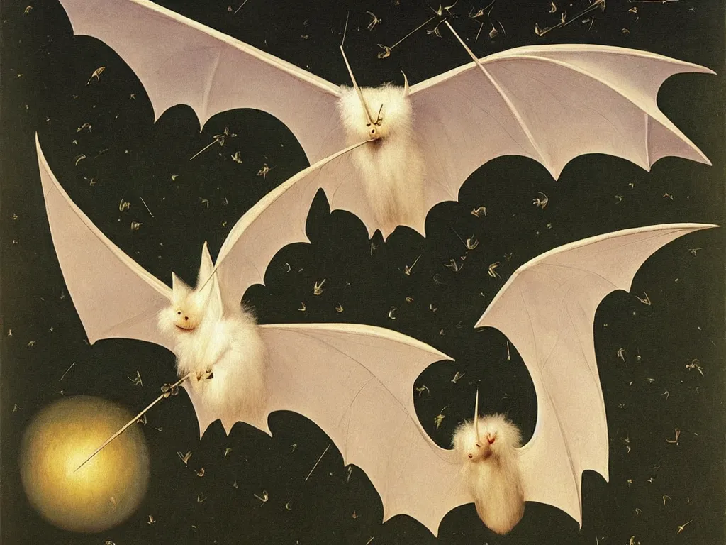 Prompt: beautiful exotic white fluffy bat, long antennae, giant ears. Night, fireflies. Painting by Jan van Eyck, Audubon, Rene Magritte, Agnes Pelton, Max Ernst, Walton Ford