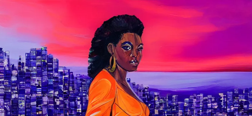 Prompt: portrait of a beautiful black woman, cyberpunk rio de janeiro background, brushstrokes, purple and blue, painterly, at night, corcovado dois irmaos at the background