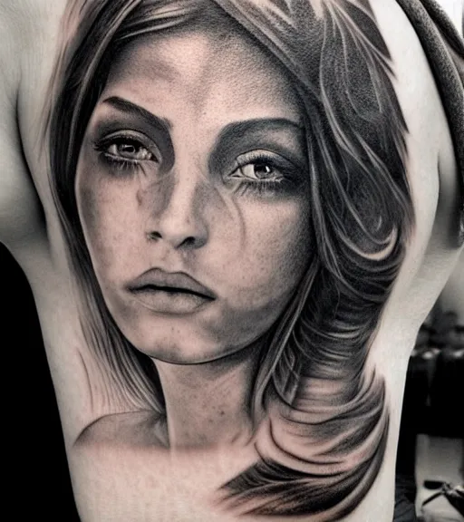 Image similar to a beautiful girl portrait, faded mountain background, realism tattoo, in the style of den yakovlev, black and white, hyper realistic, highly detailed