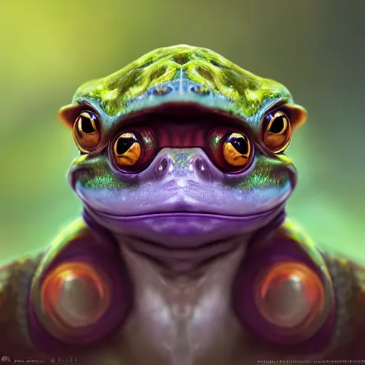 Image similar to A professional digital portrait painting of a frog wizard, painted in the style Arcane, 4k, digital art, trending on cgsociety, highly detailed, upper body shot, shallow depth of field, purple and yellow lighting, professional lighting, airbrush