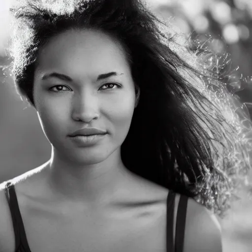 Prompt: bw closeup photo of a beautiful woman face, golden hour, 8 0 mm lens,