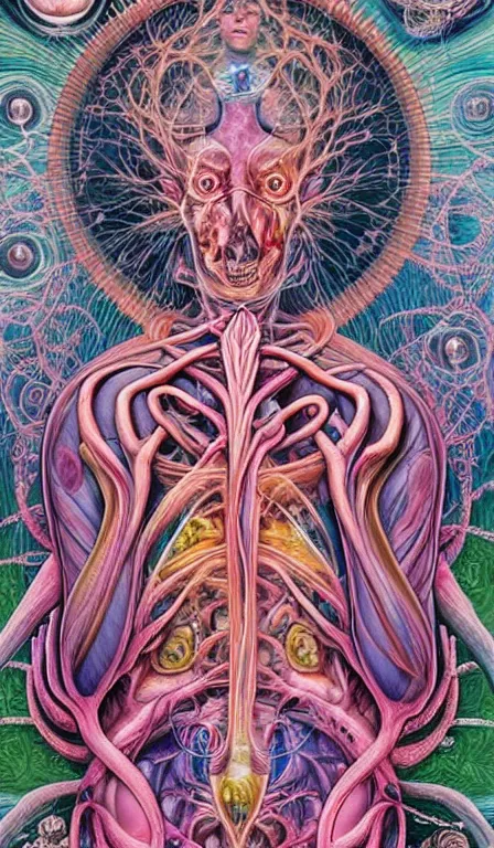 Prompt: a biomorphic painting of the hierophant tarot card! a anatomical medical illustration by nychos and alex grey, cgsociety, neo - figurative, pastel blues and pinks, detailed painting, rococo, oil on canvas, lovecraftian