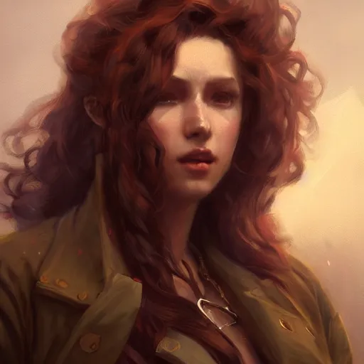 Prompt: portrait painting of a 2 8 years old rugged woman joyful flirtatious pirate long hair soft hair flowing hair upper body coat elegant rugged pretty unreal render cinematic lighting art 1 9 2 0 period drama by bussiere rutkowski andreas rocha, vaporwave