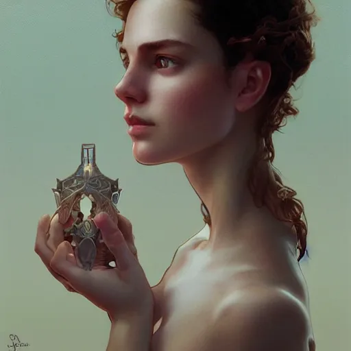 Prompt: concept art, portrait of beautiful lightly freckled and unusually attractive female, intricate, elegant, highly detailed, my rendition, digital painting, artstation, concept art, smooth, sharp focus, illustration, art by greg rutkowski and alphonse mucha and uang guangjian and gil elvgren and sachin teng, symmetry!!