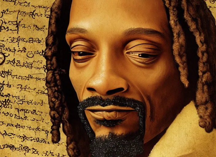 Image similar to a very high resolution image from a new movie, snoop dogg. drawn by leonardo da vinci. mountains, directed by wes anderson