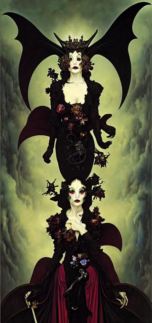 Image similar to baroque oil painting portrait of vampire queen in gothic robes with bat wings, by peter mohrbacher, alphonse mucha, brian froud, yoshitaka amano, kim keever, victo ngai, james jean