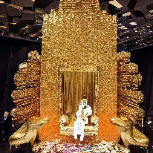 Image similar to shining throne made of millions of diamonds, gold and zaphires with thousands of light reflections, and a clown on a tuxedo suit is sitting on the throne while handing a golden balloon, dramatic light