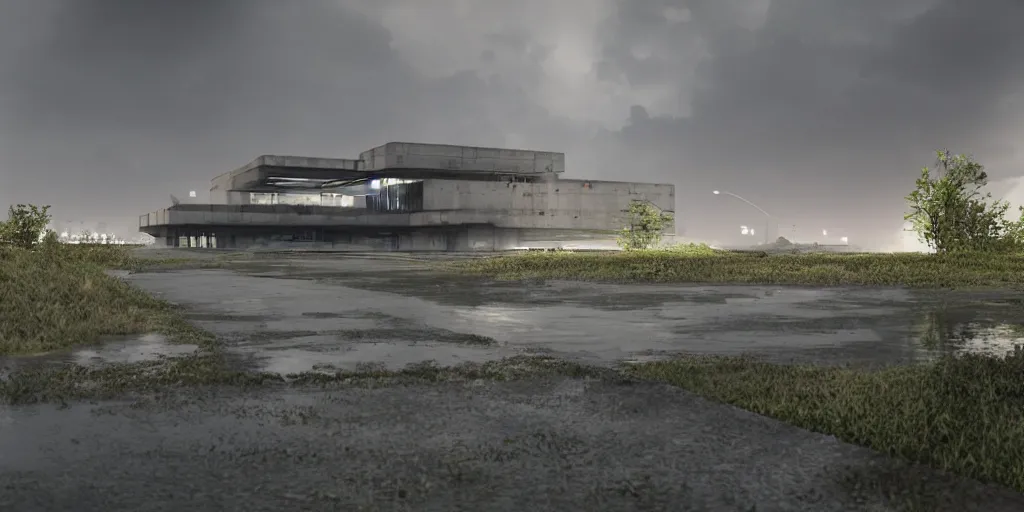 Image similar to render of huge futuristic concrete building by le corbusier, puddles of water, trees and bushes, dune style, neon glow, vivid color, moody lighting, unreal engine, bright sunrise, epic skies, foggy