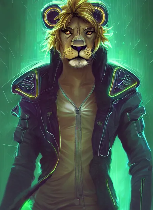 Prompt: award winning beautiful portrait commission of a male furry anthro lion fursona with a cute beautiful attractive detailed furry face wearing stylish black, green and purple cyberpunk clothes in a cyberpunk city at night while it rains. Character design by charlie bowater, ross tran, artgerm, and makoto shinkai, detailed, inked, western comic book art