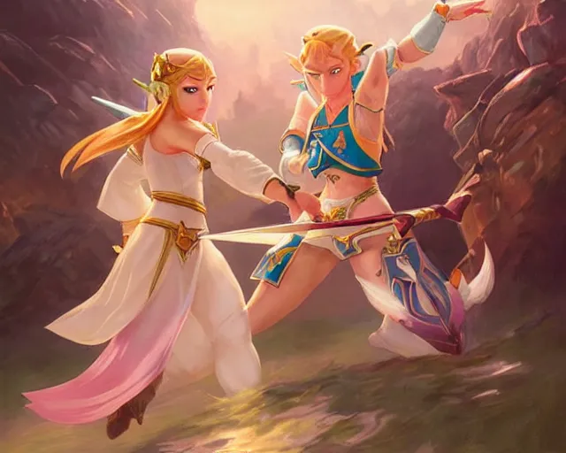 Image similar to princess zelda fighting princess princess peach, action scene, elegant, highly detailed, digital painting, artstation, concept art, matte, sharp focus, illustration, art by artgerm and greg rutkowski and alphonse mucha