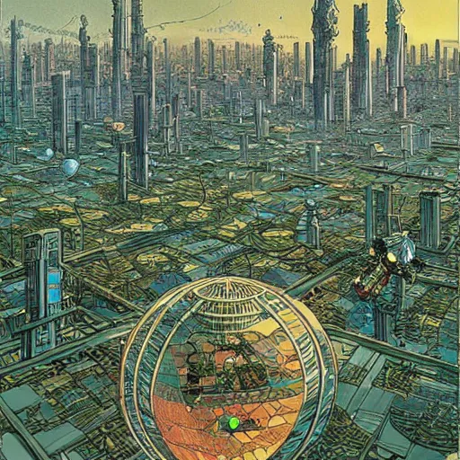 Image similar to beautiful solarpunk city, built from the shell of a crashed spaceship, verdant and lush, art by moebius, illustration