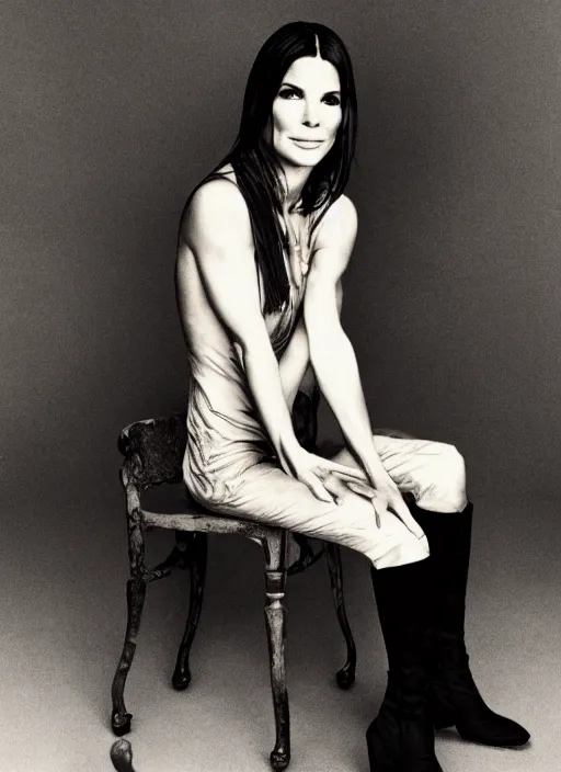 Image similar to Sandra Bullock for Victorian Secret, sitting on a chair, natural pose , portrait by Paolo Roversi, full length shot, extremely detailed, 50mm, natural light, m, rule of thirds, symmetrical balance, depth layering, polarizing filter, Sense of Depth