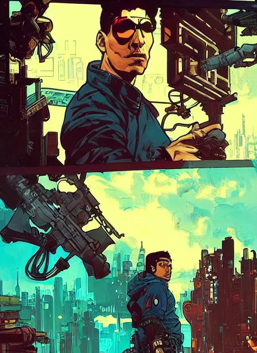 Image similar to hector. cyberpunk mercenary with scenic background. portrait illustration, pop art, splash painting, art by ashley wood, alphonse mucha, laurie greasley and josan gonzales. cinematic. beautiful lighting.