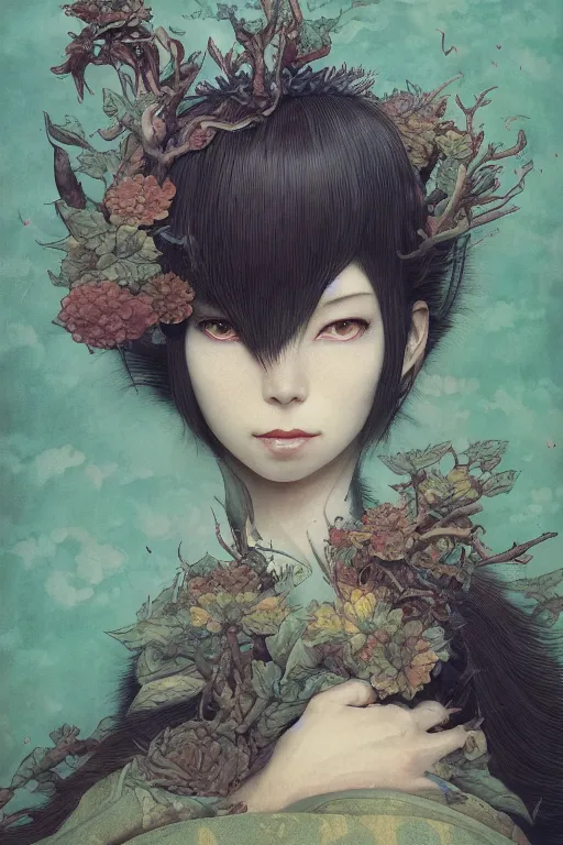 Image similar to a portrait of a plant japanese devil animal illustrated by miyazaki by karol bak, james jean, tom bagshaw, rococo, sharp focus, trending on artstation, cinematic lighting, hyper realism, octane render, 8 k, hyper detailed, vivid, ultra detailed, highly detailed