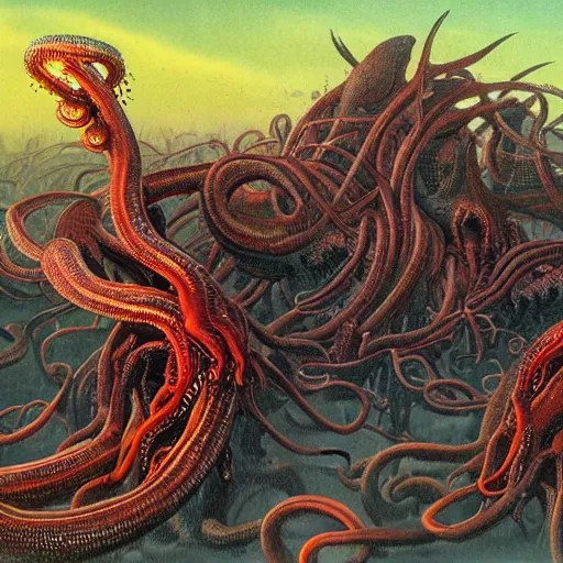 Prompt: A mass of flesh and tentacles with poisonous darts in the style of Bruce Pennington