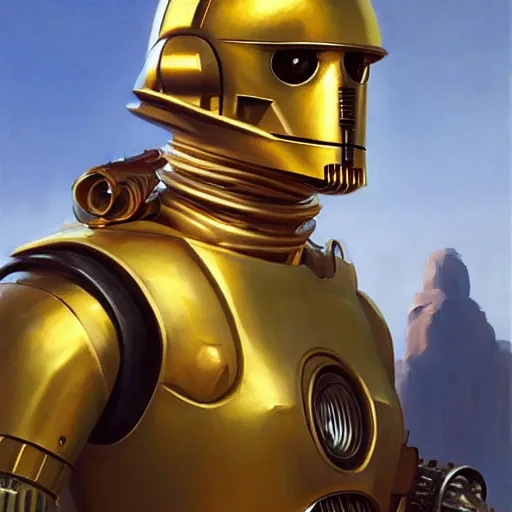 Image similar to greg manchess portrait painting of c 3 po as overwatch character, medium shot, asymmetrical, profile picture, organic painting, sunny day, matte painting, bold shapes, hard edges, street art, trending on artstation, by huang guangjian and gil elvgren and sachin teng