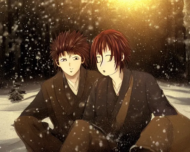 Image similar to hijikata toushirou, of a boy with short black hair and a girl with long flowing auburn hair sitting together on the porch of a cabin on a mountain overlooking a snowy forest. atmospheric lighting, long shot, romantic, boy and girl are the focus, cold lighting, snow, portrait, close up, concept art, intricate details, highly detailed by wlop