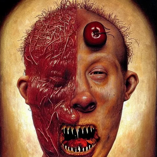 Prompt: half boy half rhino made of spaghetti and tomato sauce, looking straight into camera, screaming in pain, by giuseppe arcimboldo and ambrosius benson, renaissance, fruit, intricate and intense oil paint, a touch of beksinski and hr giger and edward munch, realistic