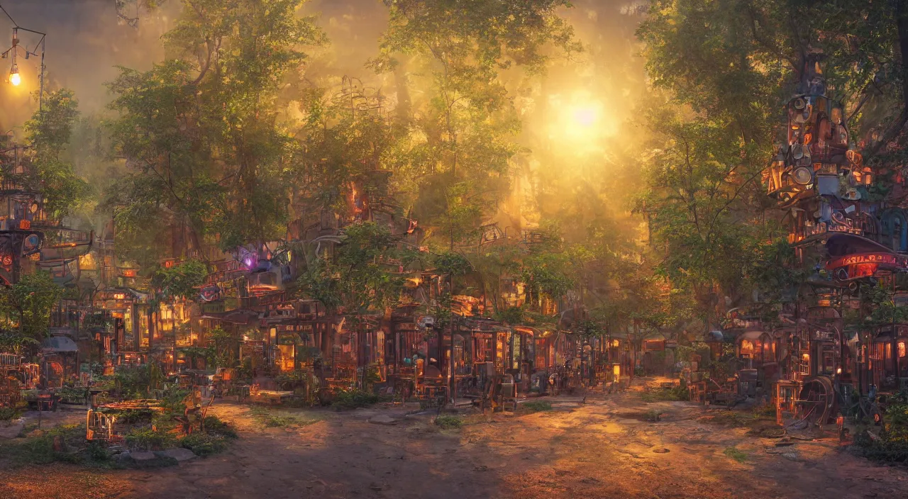 Image similar to a steampunk village in a forest at sunset, suns rays, rain, lush vegetation, junk everywhere, neon signs, magical atmosphere, mist, photo realistic, 35mm, octane render, 8k, guido borelli da caluso