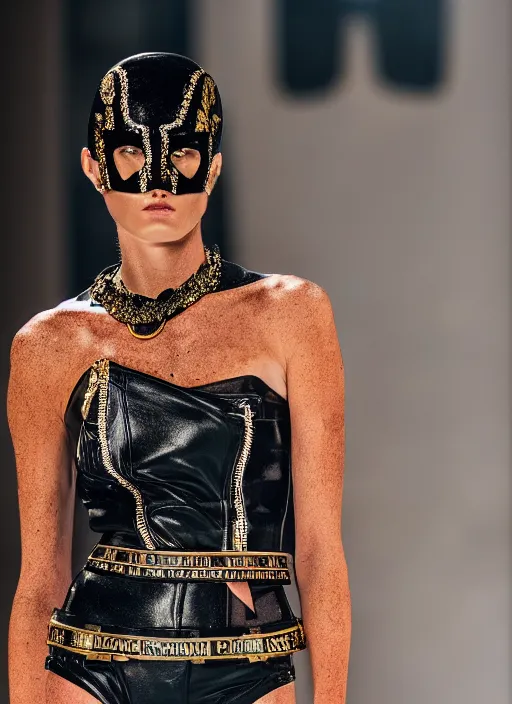 Image similar to hyperrealistic and heavy detailed versace runway show of judge dredd, leica sl 2 5 0 mm, vivid color, high quality, high textured, real life