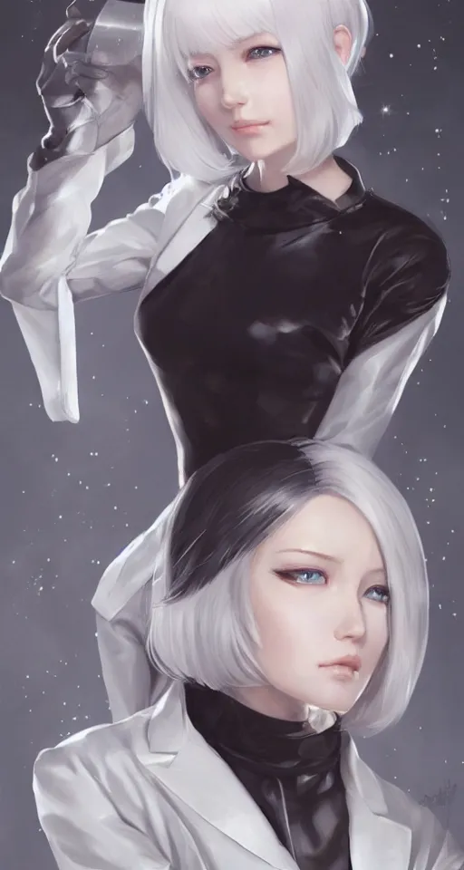 Prompt: a portrait of a scientist android girl with silver hair wearing white suit by artgerm and wlop and krenz cushart, painterly