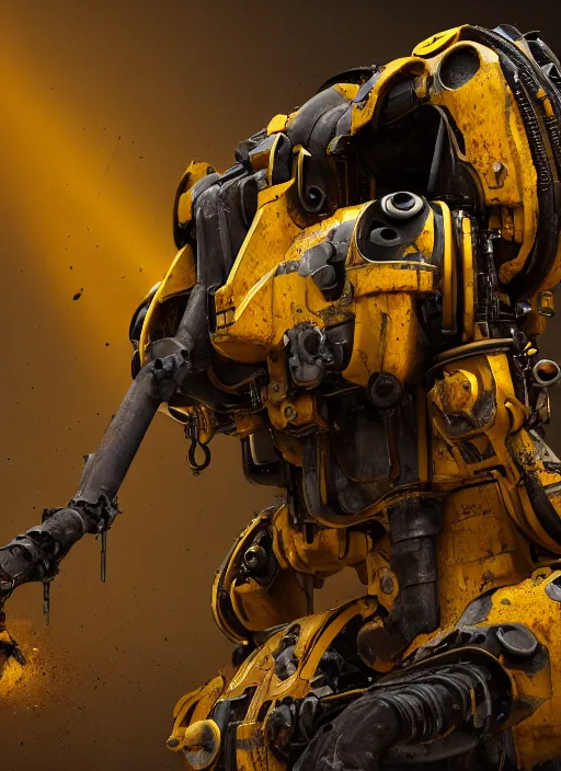 Image similar to a photorealistic dramatic hyperrealistic render of a futuristic exosuit power excavator heavy machinery, ultra realistic details, glossy yellow, well worn, rust, oil stains by vitaly bulgarov and mike nash, beautiful dramatic dark moody tones and lighting, cinematic atmosphere, studio lighting, global illumination, shadows, dark background, octane render, 8 k