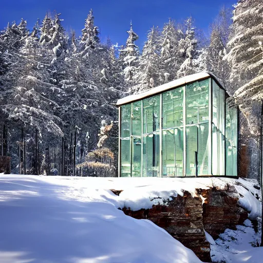 Prompt: opal channel glass house by crosby studios on a mountain during snowfall