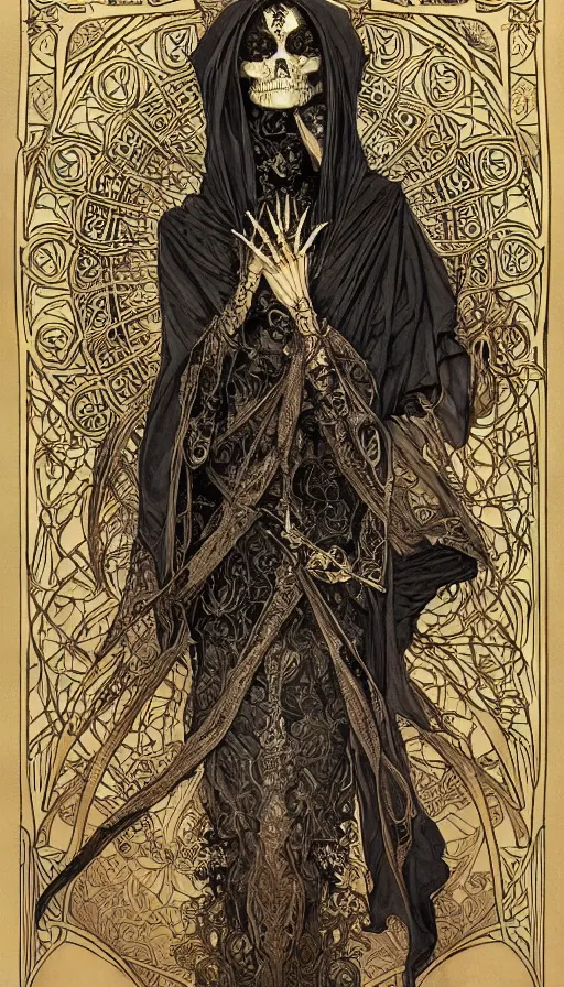 Image similar to a skeleton in a black cloak, highly detailed, very intricate, art nouveau, gold filigree, left right symmetry, tarot concept art watercolor illustration by mandy jurgens and alphonse mucha and alena aenami, featured on artstation