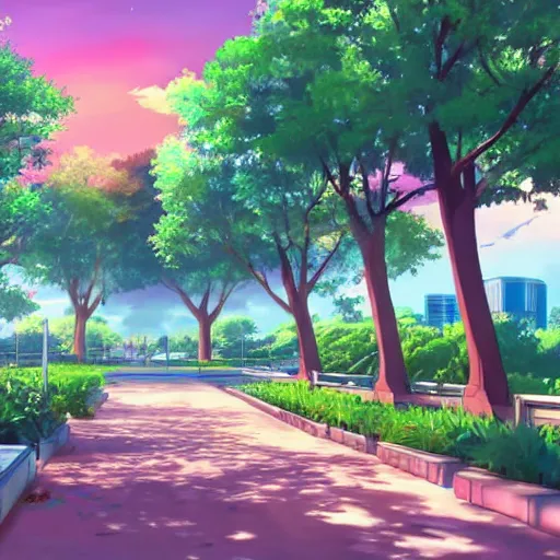 Prompt: a beautiful city park at sunrise, modern anime style, official anime still