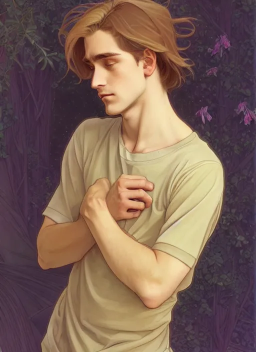 Image similar to pretty young man with shoulder length shiny shimmering golden blond hair, head down, shy, sad, scared, path traced, highly detailed, high quality, digital painting, by studio ghibli and alphonse mucha, leesha hannigan, disney