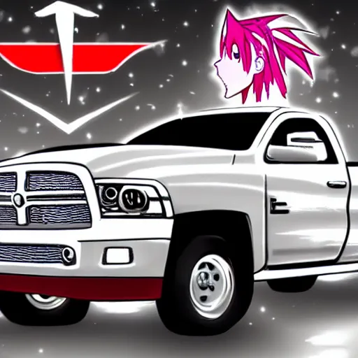 Image similar to zero two from darling in the franxx driving!!! a dodge ram truck