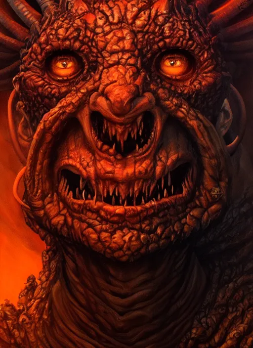 Image similar to close up portrait of a monster in the mountains of hell, oil painting by tomasz jedruszek, cinematic lighting, pen and ink, intricate line, hd, 4 k, million of likes, trending on artstation