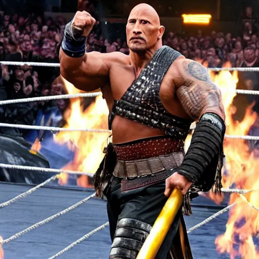 Image similar to dwayne johnson entering entrances ramp of smackdown as samurai!