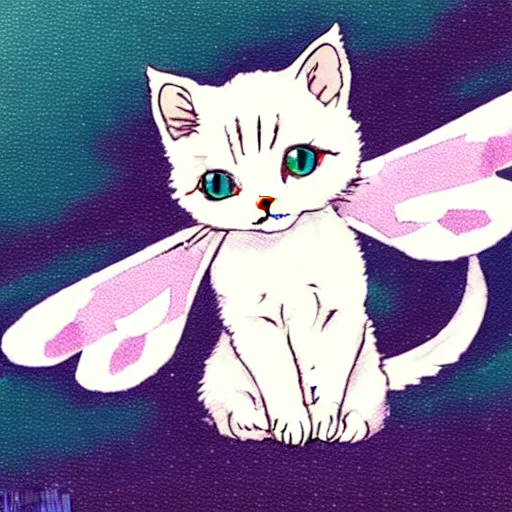 Image similar to a cute kitten with fairy wings, in the style of studio ghibli