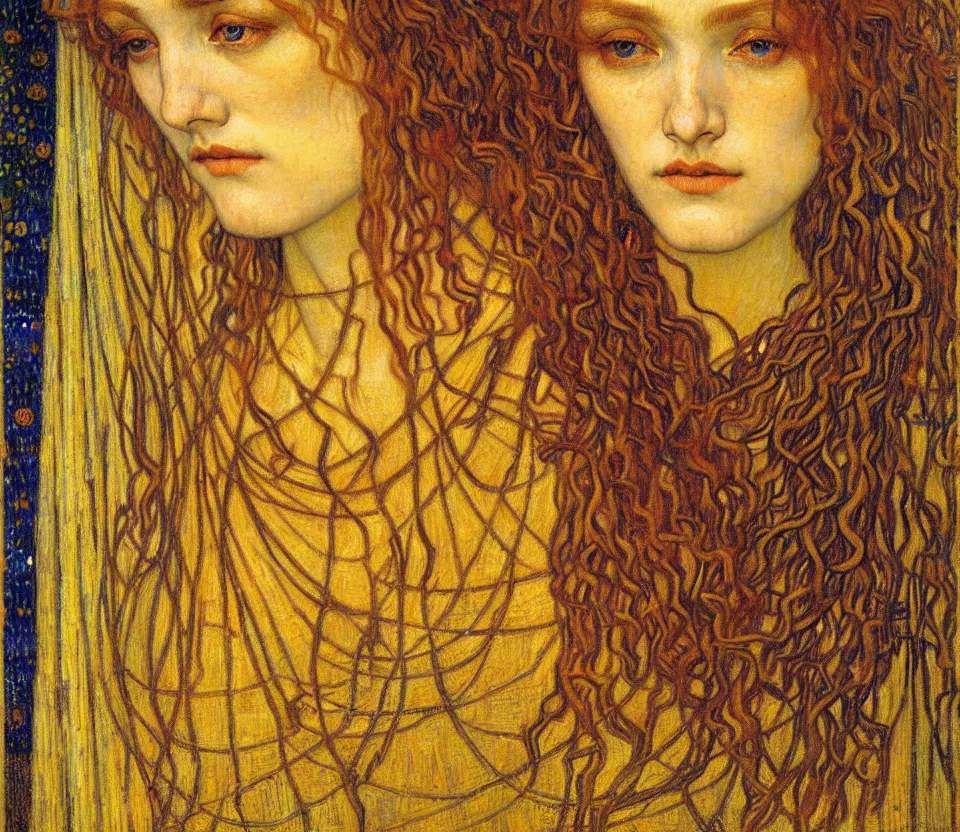 Image similar to detailed realistic beautiful young medieval queen face portrait by jean delville, gustav klimt and vincent van gogh, art nouveau, symbolist, visionary, gothic, pre - raphaelite, muted earthy colors, desaturated