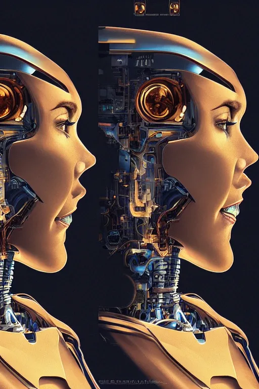 Prompt: a close-up portrait of a robot mother, front and side view, dramatic backlighting, golden hour, autochrome, high contrast, highly detailed, sharp focus, digital painting, concept art, illustration, cyberpunk, solarpunk, trending on artstation, art by greg rutkowski and greg hildebrandt, composition by alphonse mucha