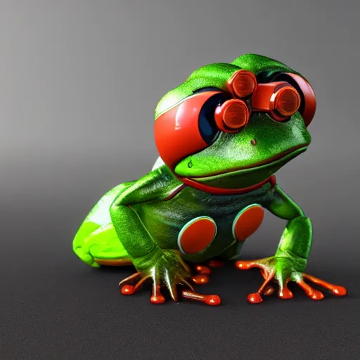 Image similar to a cute mech frog with a usb cable as its tongue, sci-fi, octane render, trending on artstation, highly detailed