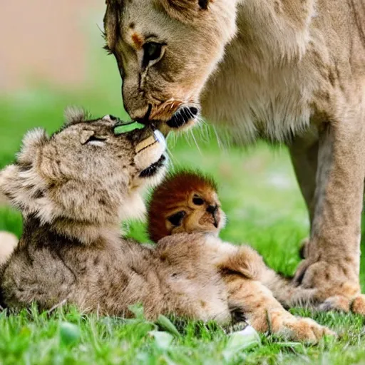 Prompt: baby lion playing with a baby duck. adorable picture