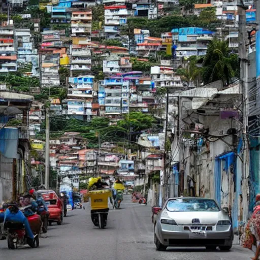 Image similar to a urbanized favela, nice street, trees on the sidewalks, no wires over the city, nice cars in the street, joyful people